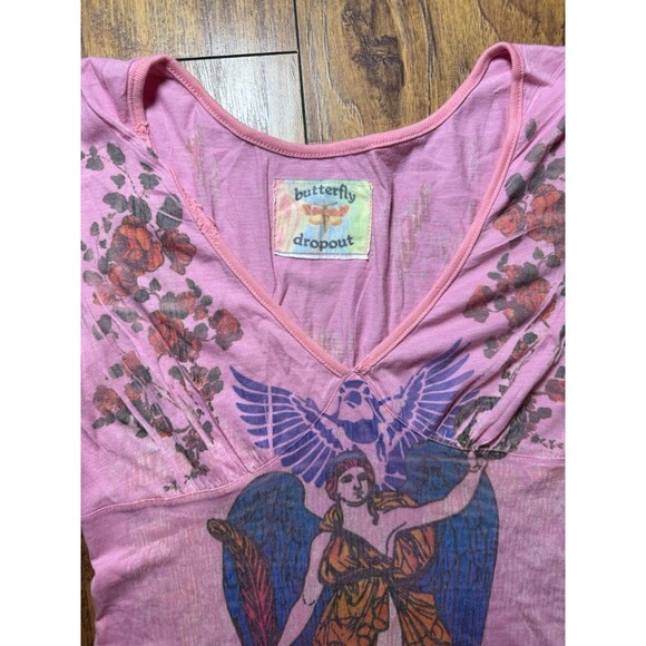 Y2K Butterfly Dropout Foxy People Babydoll Top – Med Pink Tattoo Graphic V-Neck - Picture 6 of 11